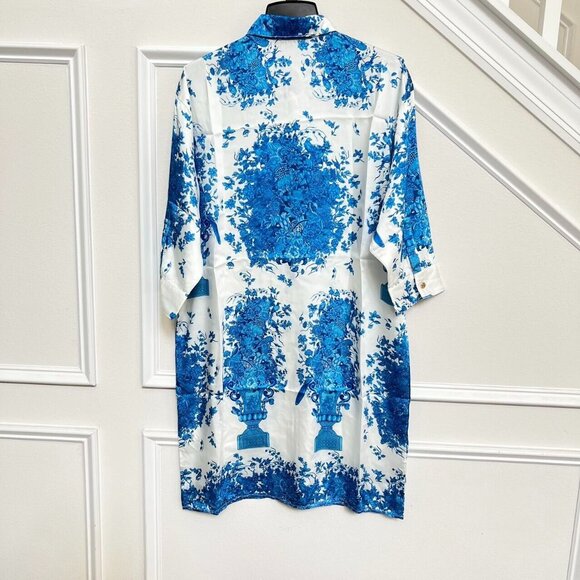 NWOT $631 FERRE Vintage Floral Print Blue Mini Shirt Dress Size IT50 - Picture 7 of 12